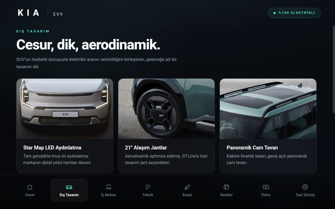 KİA EV9 dış tasarım katalog ekranı