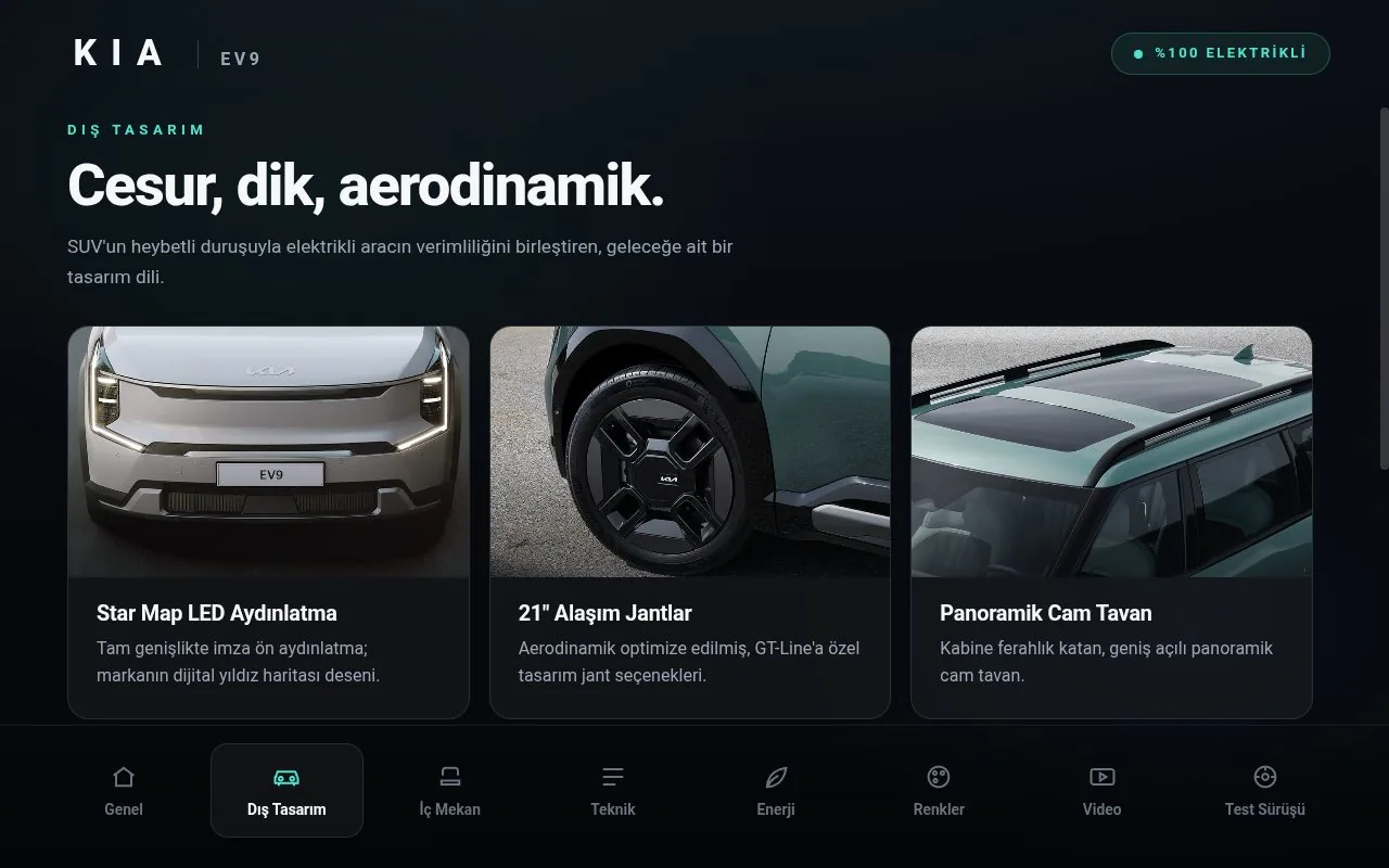KİA EV9 dış tasarım katalog ekranı