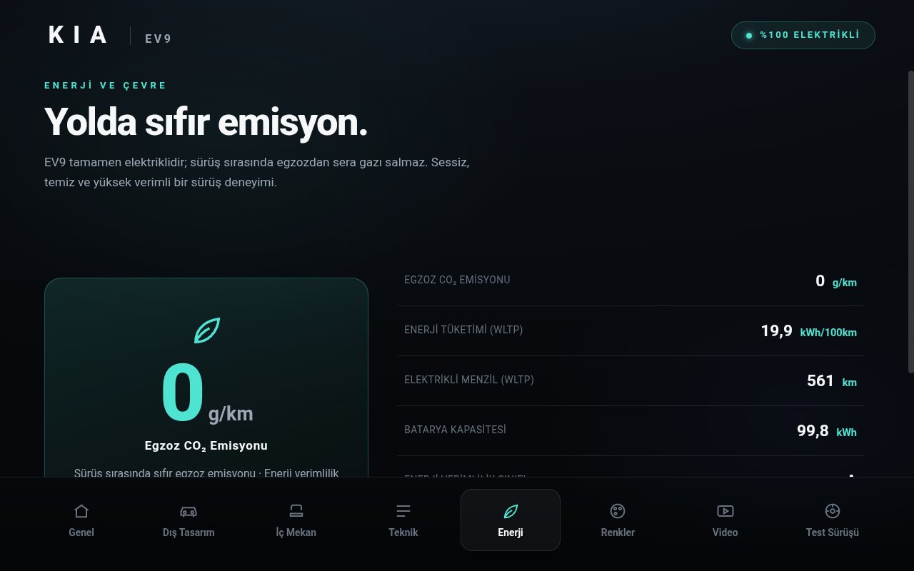 KİA EV9 enerji ve emisyon katalog ekranı