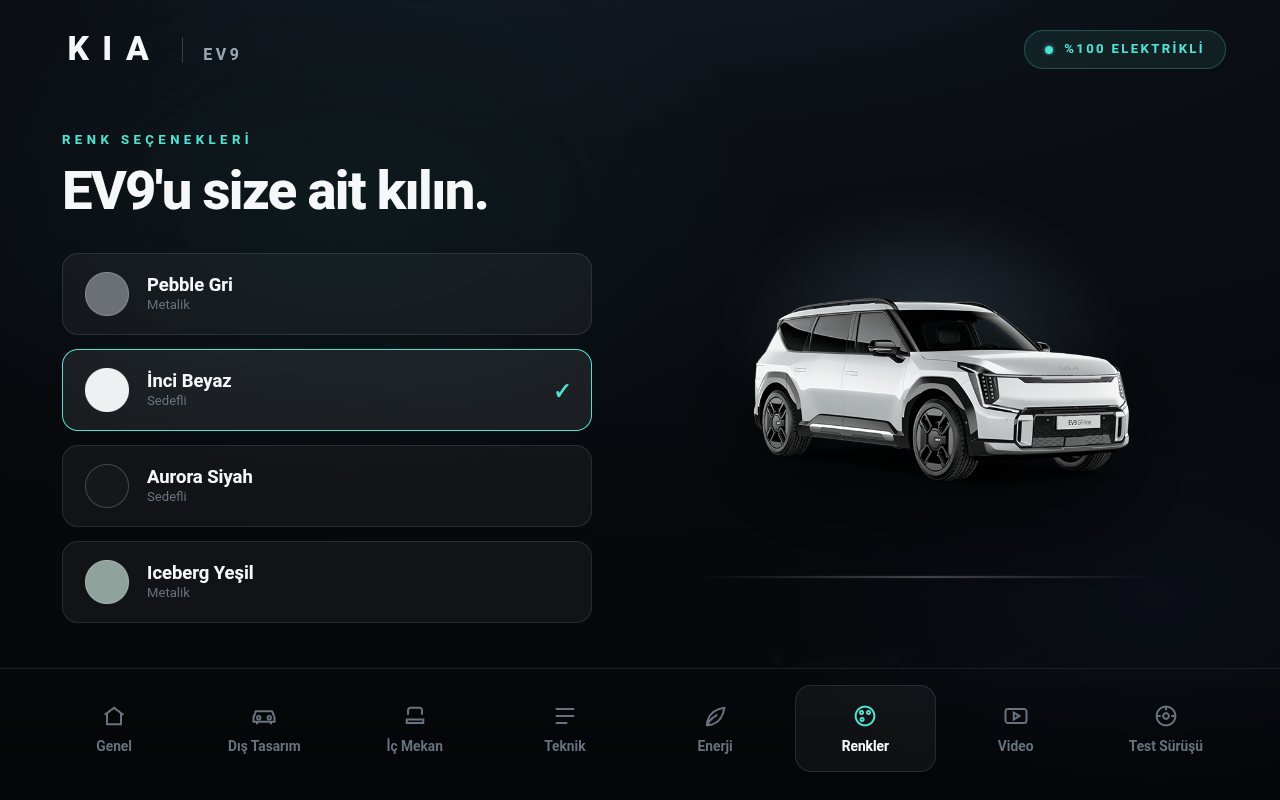 KİA EV9 renk seçenekleri katalog ekranı